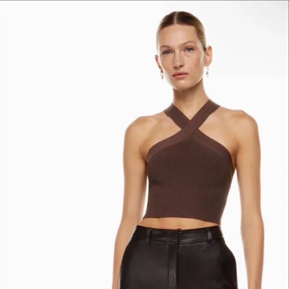 Babaton Aritzia Chocolate Dark Brown Criss Cross Sculpt Knit Crop Halter Top